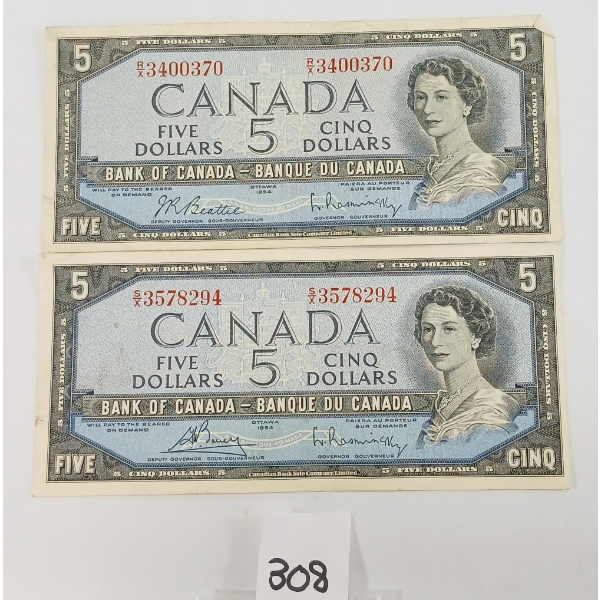 LOT OF 2 - 1954 CDN $5 BANKNOTES