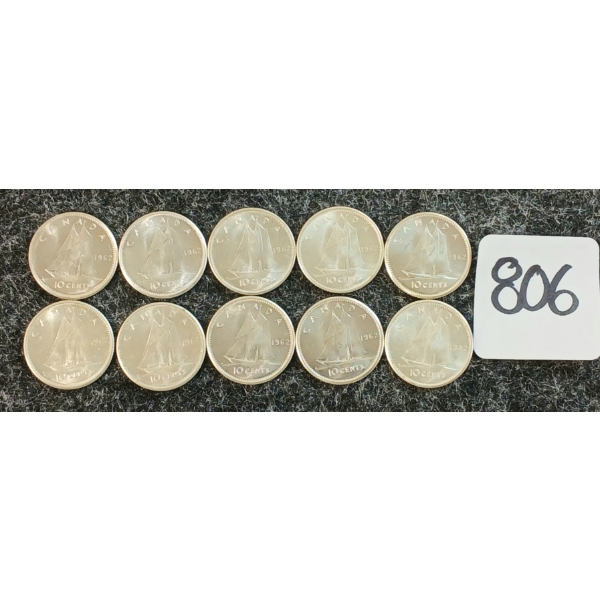 LOT OF 10 - 1962 CDN 10 CENT COINS