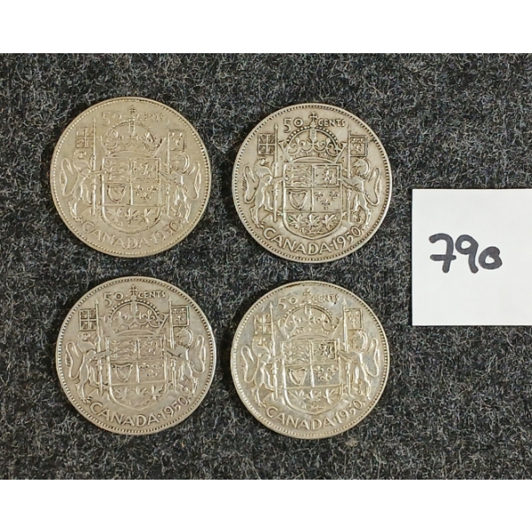 LOT OF 4 - 1950 CDN 50 CENT SILVER COINS