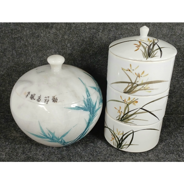 LOT OF 2 - MARBLE LIDDED JAR & 3-TIER PORCELAIN LIDDED CANNISTER SET