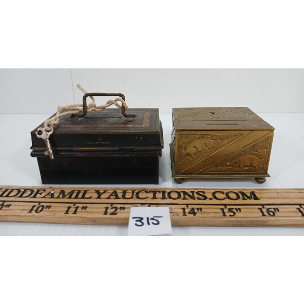 LOT OF 2 - UNMARKED BRASS & TIN MINI COIN BANKS