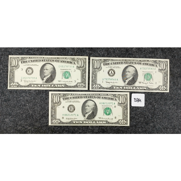 LOT OF 3 - 1963 & 1969 US $10 BANKNOTES 