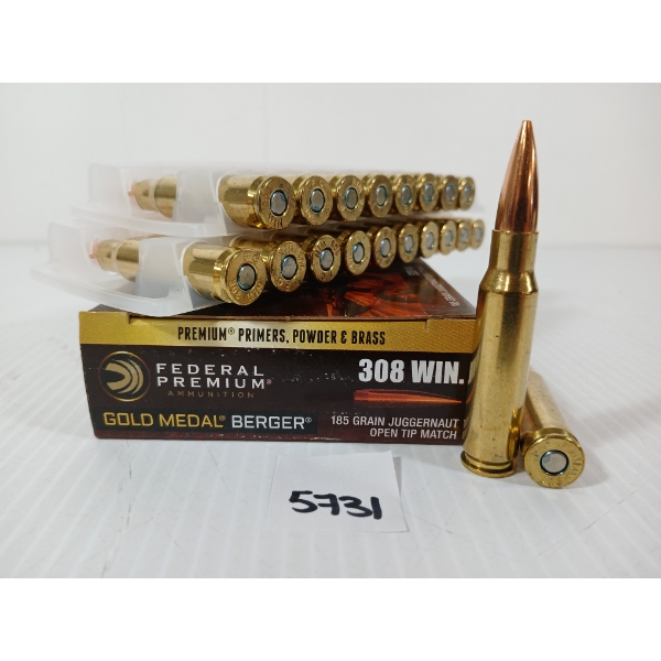 AMMO: 20X FEDERAL GOLD MEDAL BERGER .308 WIN - 185GR - JUGGERNAUT - OPEN TIP MATCH