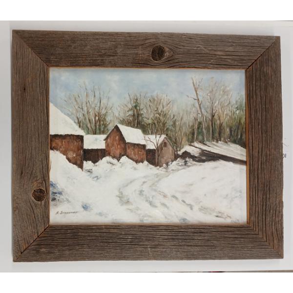WINTER BARN SCENE BY A. SIMEONOY - FRAMED OIL ON CANVAS