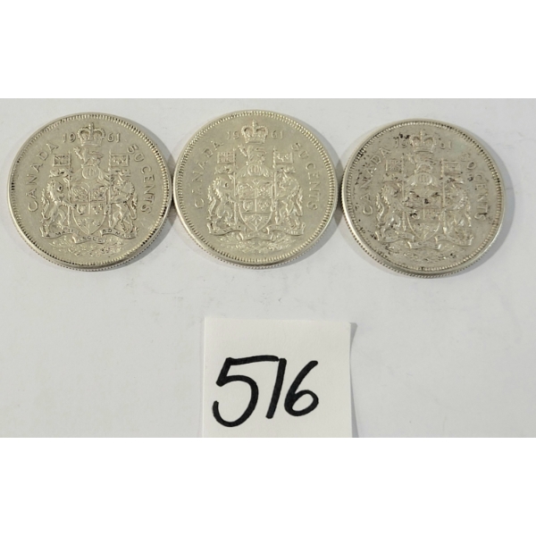 LOT OF 3 - 1961 CDN 50 CENT SILVER COINS