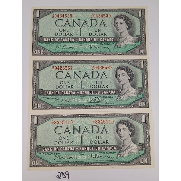 LOT OF 3 - 1954 CDN $1 BANKNOTES