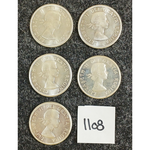 LOT OF 5 - 1962 CDN 50 CENT SILVER COINS
