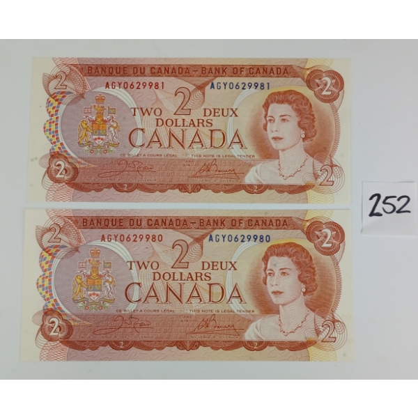 LOT OF 2 - 1974 CDN $2 SEQUENTIAL BANKNOTES - UNCIRCULATED