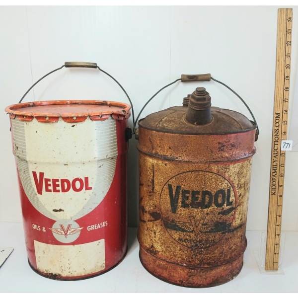 LOT OF 2 - VEEDOL MOTOR OIL & GREASE CANS - 5GAL