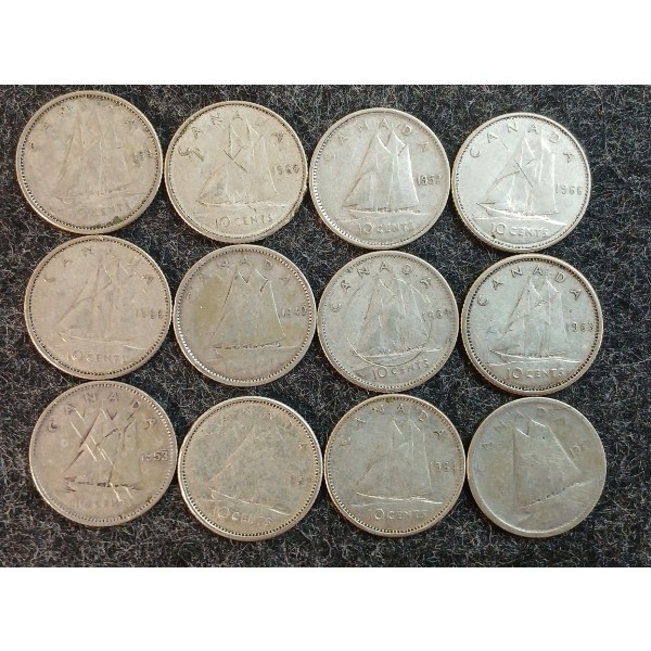 LOT OF 12 - 1940-1966 CDN 10 CENT COINS