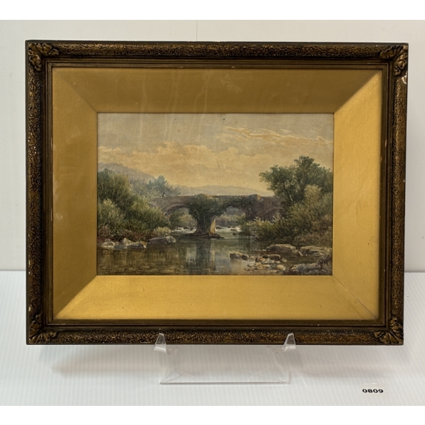 COUNTRY BRIDGE BY W. W. M.(?) - FRAMED WATERCOLOUR ON PAPER