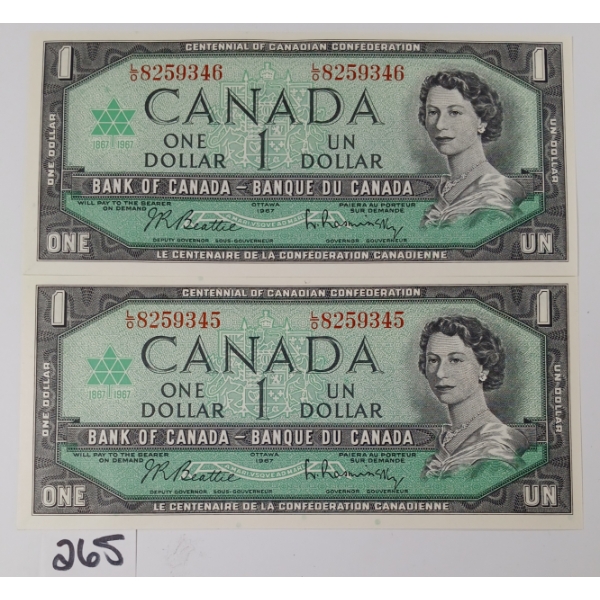 LOT OF 2 - 1967 CDN UNCIRCULATED $1 BANKNOTES