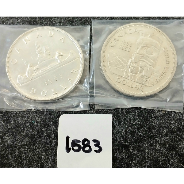 LOT OF 2 - 1953 & 1958 CDN SILVER DOLLARS - BRITISH COLUMBIA & VOYAGEUR