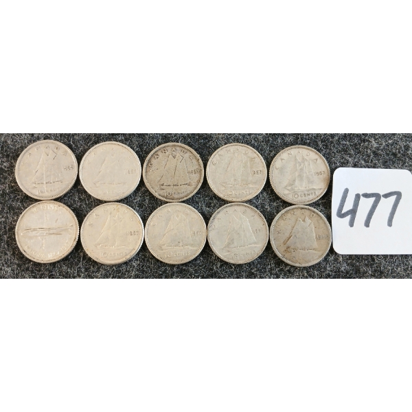 LOT OF 10 - 1939-1967 CDN 10 CENT COINS