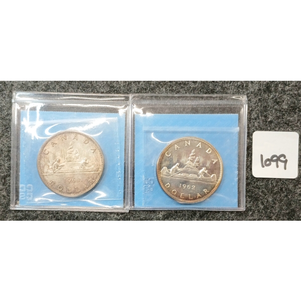 LOT OF 2 - 1962 & 1963 CDN SILVER DOLLARS - VOYAGEUR - CCCS GRADED