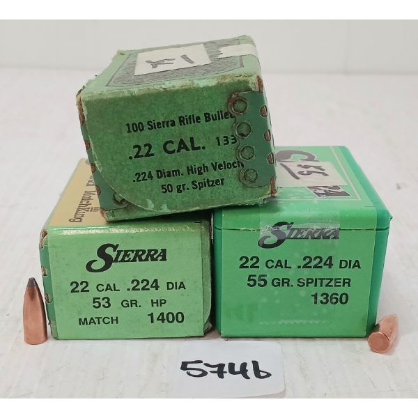 BULLETS: APPROX 221X SIERRA .22 - 50, 53 & 55GR - SPITZER