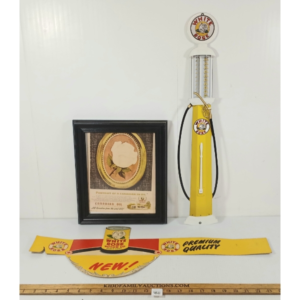 LOT OF 3 - WHITE ROSE PAPER ADVERTISEMENT, GAS PUMP SST SIGN & DEALER CAP