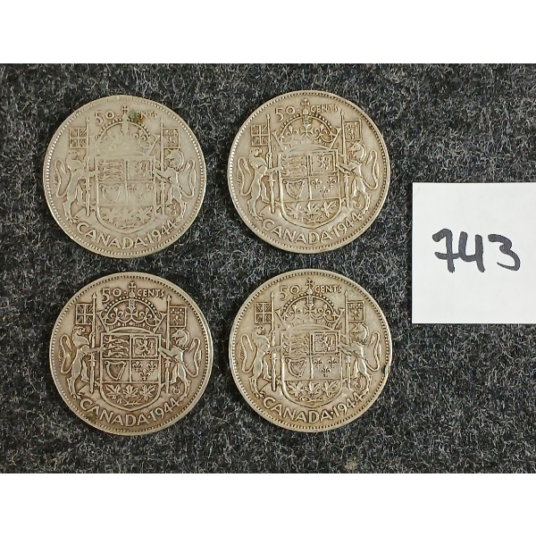 LOT OF 4 - 1944 CDN 50 CENT SILVER COINS