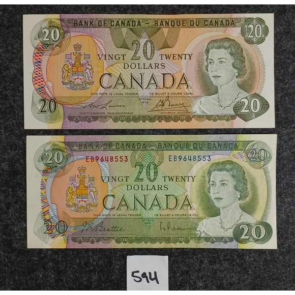 LOT OF 2 - 1969 & 1979 CDN $20 BANKNOTES 