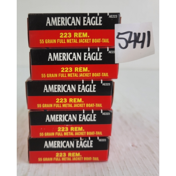 AMMO: 100X AMERICAN EAGLE .223REM - 55GR - FMJ - BT - SEALED