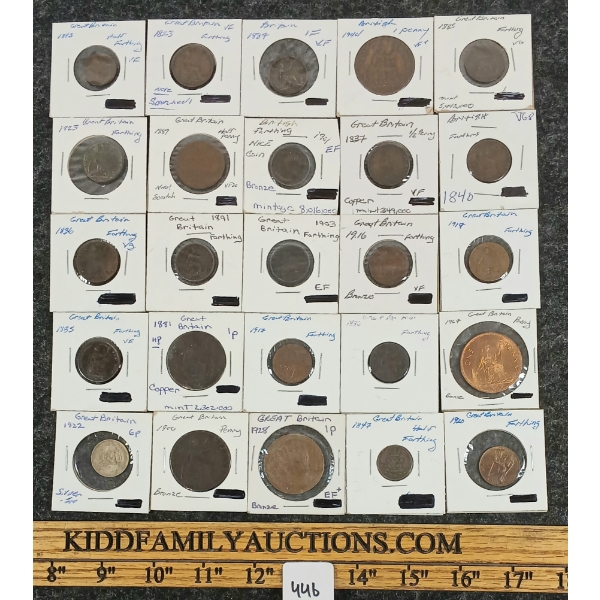 LOT OF 25 - MISC BRITISH COINS - 1889 HALF PENNY, 1891 FARTHING, ETC