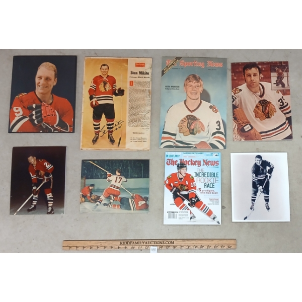 LOT OF 8 - CHICAGO BLACK HAWKS FOAM CORE SIGNS & AUTOGRAPHED PHOTOS - BOBBY HULL & STAN MIKITA