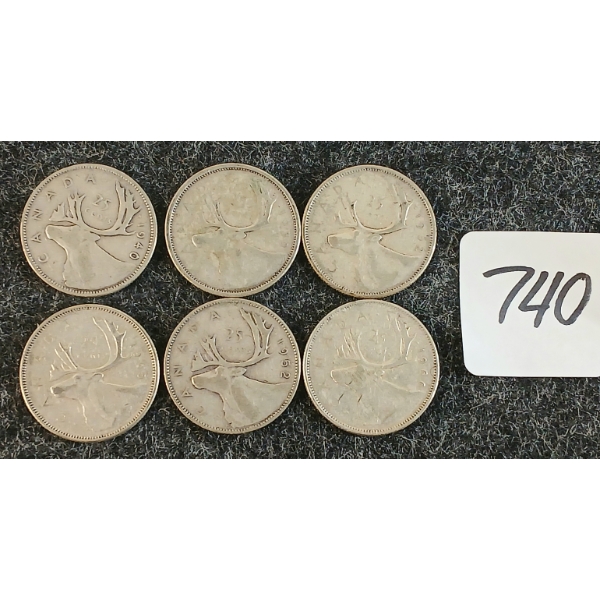 LOT OF 6 - 1940-1966 CDN 25 CENT COINS