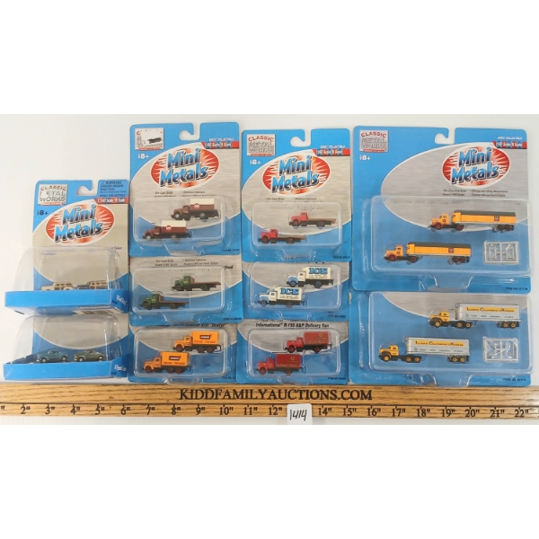 LOT OF 10 - MINI METALS DIECAST N SCALE TRACKSIDE VEHICLES - DELIVERY & FLATBED TRUCKS