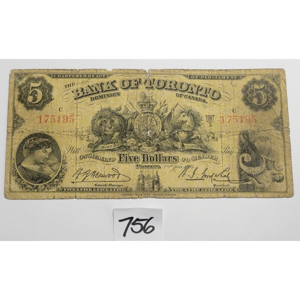 1935 BANK OF TORONTO $5 BANKNOTE