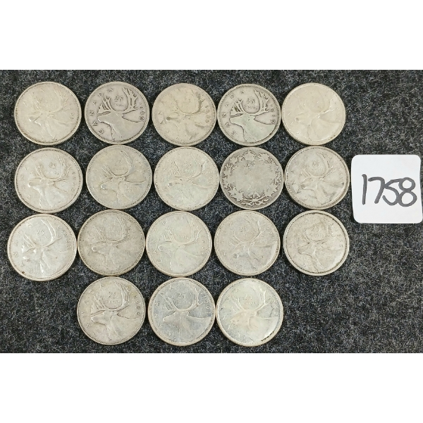 LOT OF 18 - 1939-1965 CDN 25 CENT COINS