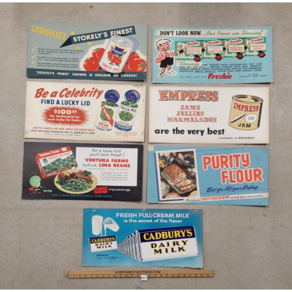 LOT OF 7 - CARDBOARD ADVERTISEMENTS - INCL VENTURA FARMS & CADBURY DAIRY MILK, ETC