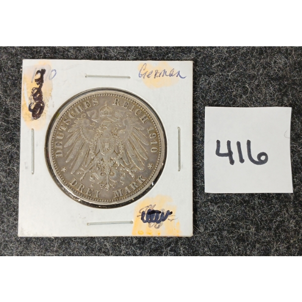 1910 GERMAN REICH SILVER DREI MARK COIN