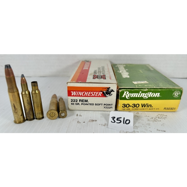AMMO / BRASS: 22X LIVE & 2X BRASS .30-30 WIN 150GR. SP & .222 REM 50GR. SP 