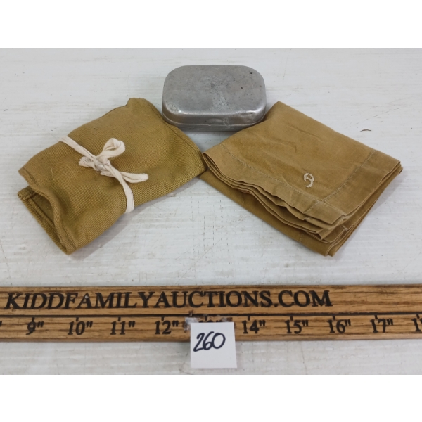 LOT OF 3 - WWII CDN HOUSEWIFE W/ CONTENTS, BRITISH SOAP DISH & HANKY