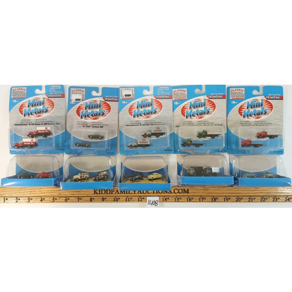 LOT OF 10 - MINI METALS DIECAST N SCALE TRACKSIDE VEHICLES - FLATBED, PICK-UP, DUMP TRUCK, ETC