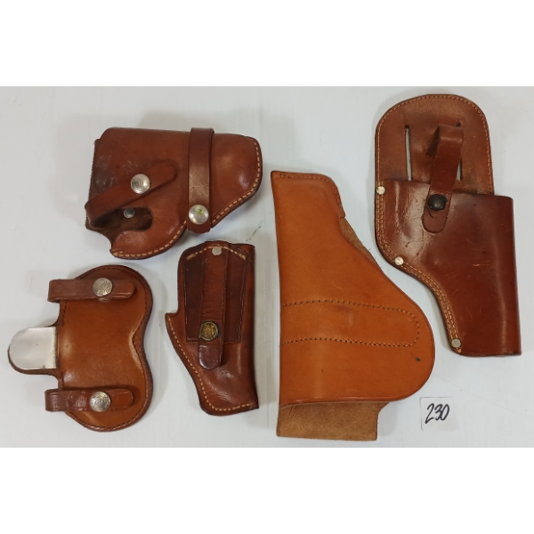 LOT OF 5 - LEATHER HANDGUN HOLSTERS & ACCESSORY - BUCHEIMER, BRAVER BROS., HUNTER, ETC
