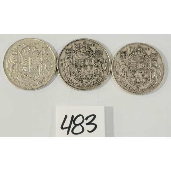 LOT OF 3 - 1943 CDN 50 CENT SILVER COINS