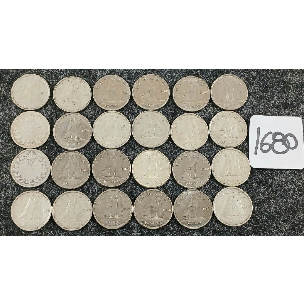 LOT OF 24 - 1908-1973 CDN 10 CENT COINS