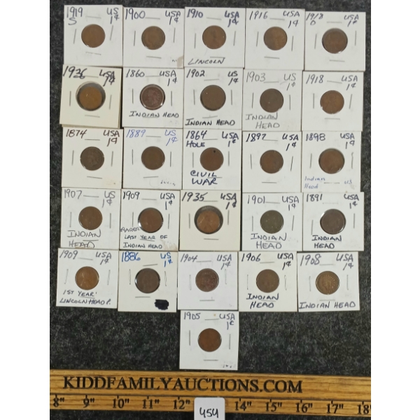 LOT OF 26 - 1860-1936 US 1 CENT COINS - INCL CIVIL WAR & INDIAN HEAD