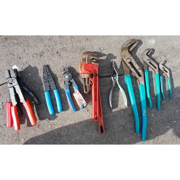 JOB LOT - PIPE WRENCHES, WIRE STRIPPERS & PLIERS