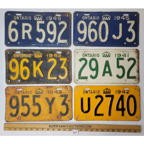 LOT OF 6 - 1941-1945 ONTARIO LICENCE PLATES