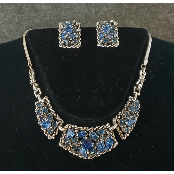 LOT OF 2 - BARCLAY BLUE RHINESTONE CHOKER NECKLACE & CLIP-ON EARRINGS