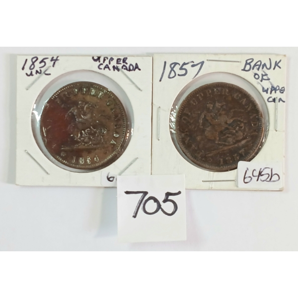 LOT OF 2 - 1854 & 1857 BANK OF UPPER CANADA LARGE PENNIES - INCL UNCIRCULATED