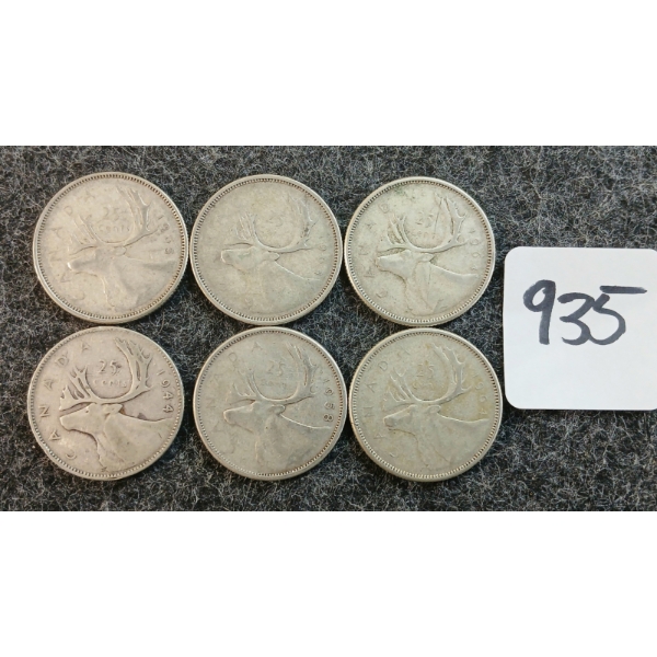 LOT OF 6 - 1944-1965 CDN 25 CENT COINS