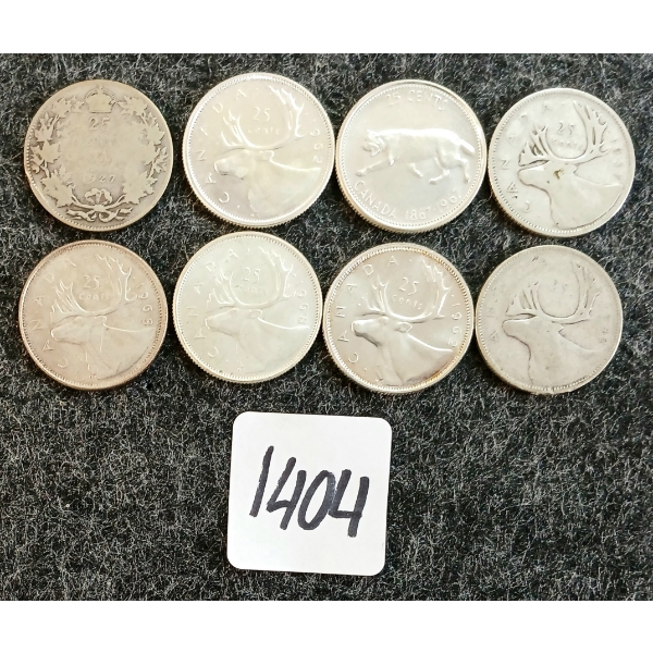 LOT OF 8 - 1927-1968 CDN 25 CENT COINS