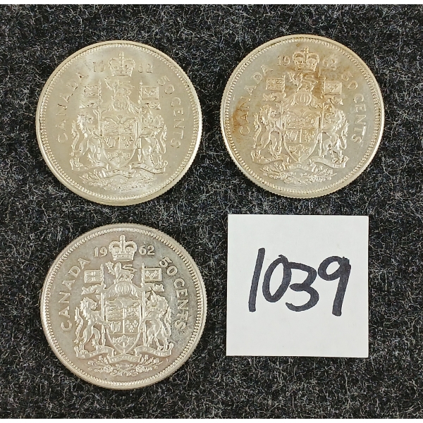 LOT OF 3 - 1962 CDN 50 CENT SILVER COINS