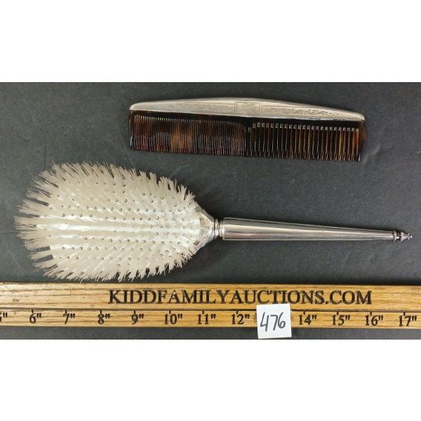 LOT OF 2 - TORTOISE SHELL COMB & SOFT HAIRBRUSH W/ STERLING SILVER GRIPS
