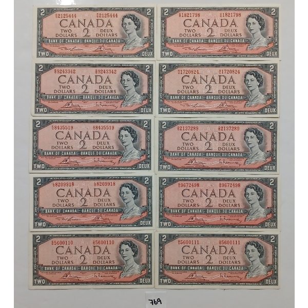 LOT OF 10 - 1954 CDN $2 BANKNOTES 