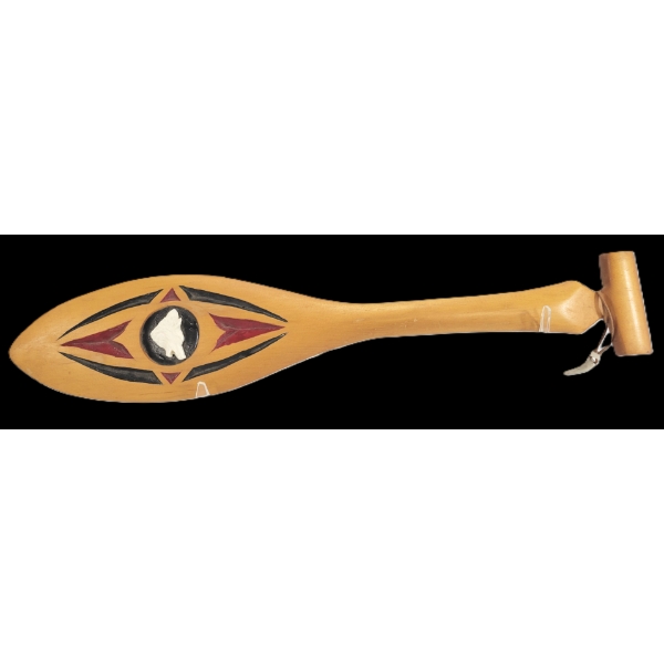 CARVED CEDAR MINI PADDLE W/ WOLF HEAD ANTLER INLAY