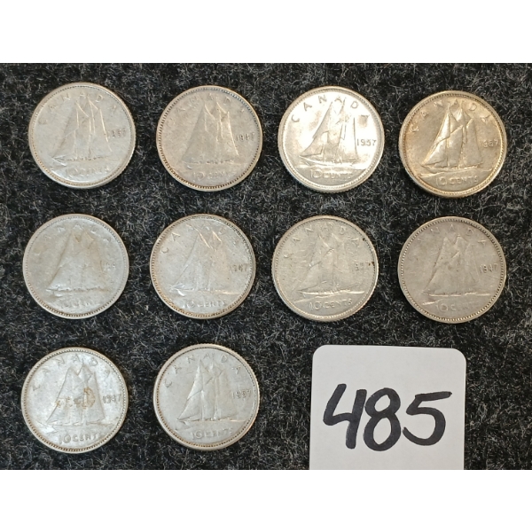LOT OF 10 - 1947-1957 CDN 10 CENT COINS